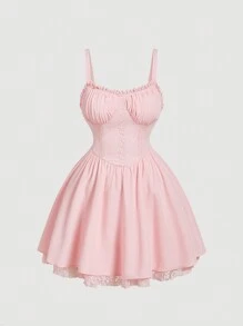 SHEIN MOD 大码女式蕾丝拼接蝴蝶结后背短裙，粉色可爱蝴蝶结吊带蕾丝花边吊带裙情人节度假装女士生日连衣裙， - 粉色 - 查看 1