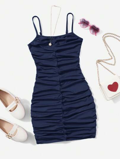 SHEIN Girlism Teen Girl Solid Color Pleated Strap Dress