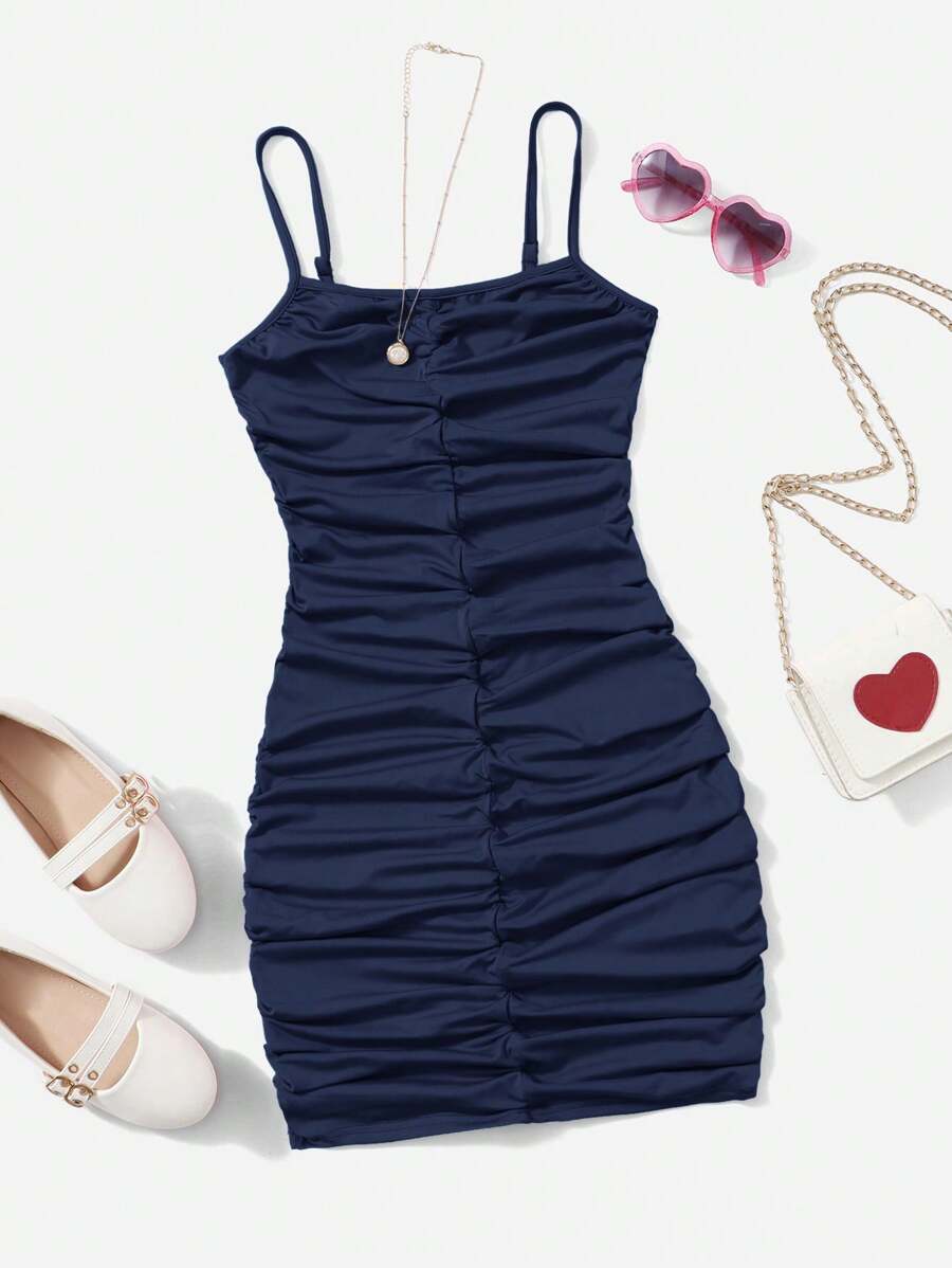 SHEIN Girlism Vestido plisado de unicolor con tirantes para niña adolescente