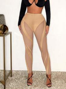 SHEIN SXY 女士网眼拼布黑色紧身裤