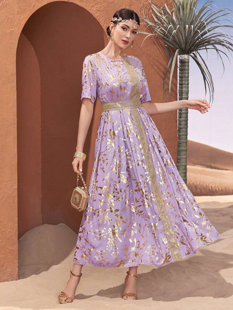 Al Najma 女士短袖简约时尚休闲日常连衣裙 - 紫色 - 查看 1