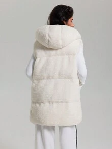 CasuGlow Casual Plush Hooded Sleeveless Winter Coat - White - View 2