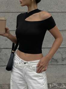 DAZY Women's Round Neck Off Shoulder Short Sleeve Bodycon Cropped T-Shirt