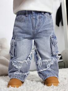 SHEIN Pantalones vaqueros sueltos de color azul claro con parches de estrellas retro y desgastados, de moda y lindos para bebé niño, para uso diario - Azul lavado medio - Ver 5