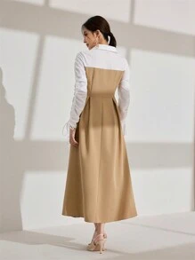 Modelyn Casual Fashion Patchwork Drawstring Waist Dress For Women - Khaki - View 4