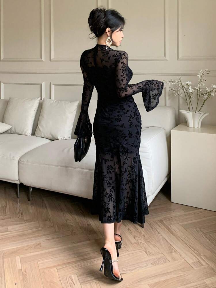 Mid-Length Floral Print Bell Sleeve Elegant Dress For Women Elegant,Ruffle,Fall Dress Long Sleeve Dress