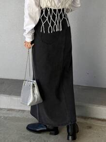 FRIFUL 女士灰色高腰直筒不对称牛仔裙，性感牛仔半身裙，秋冬季 - 深灰色 - 查看 5