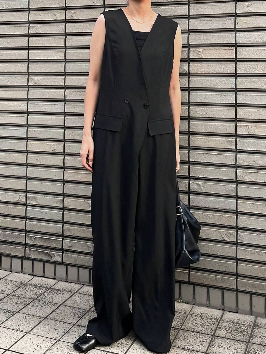 FRIFUL Women Black Jumpsuit, V-Neck Sleeveless Long Pants Straight Leg Pants, Spring Women Rompers Fall/Winter - Black - View 1