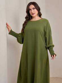 Graceveil Plus Size Women Solid Color Bat Sleeve Casual Arab Style Long Dress Modest - Green - View 3