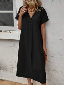 SHEIN LUNE Women V-Neck Solid Color Straight Casual Short Sleeve Dress