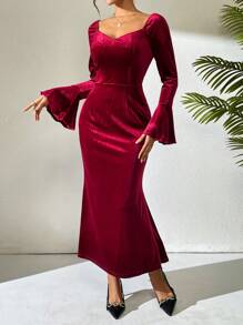 Calvaya French Style High-End Luxurious Niche Burgundy Velvet Dress Women, Suitable For Gala/Party, Autumn/Winter