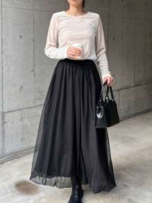 FRIFUL Women's Black Mesh Tulle Pouf Maxi Skirt, Elegant Bubble Skirt For Spring/Summer
