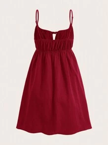 SHEIN EZwear 女士酒红色编织前系带休闲吊带连衣裙 - 酒紅色 - 查看 2