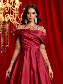 Glamrae 优雅透明网眼奢华手工水钻长裙，搭配蓬松 A 字裙，婚礼宾客礼服，适合约会、婚礼、正式活动、庆典、派对礼服、晚礼服、长袍 - 紅色 - 查看 4