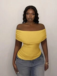 Slaydiva Nouvelle blouse ajustée à col rabattu et épaules dénudées, pour l'été - Jaune citron - Voir 5