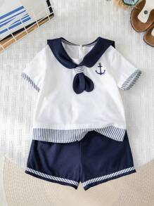 2pcs/Set Baby Boy Colorblock Sailor Collar Short Sleeve Top And Elastic Waist Shorts Set