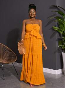 Slaydiva Plus Size Women Textured Flared Leg Jumpsuit For Vacation - Yellow - View 3