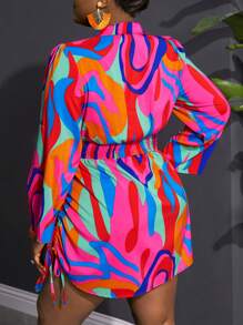 Slaydiva Plus Size Women Casual All-Over Print Twist Side Drawstring Dress, Suitable For Beach, Boho, Music Festival, Rave, Easter, Old Money Style, Country Concert, Going Out, Fairycore, Tropical Vacation - Multicolor - View 2