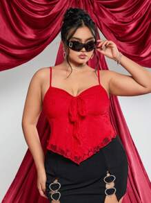 SHEIN ICON Plus Size Red Ruched Bust Front Tie Bow Camisole, Ideal For Valentine's Day Outfit