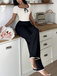 Snug Zone 2pcs Women Contrast Color Trim Short Sleeve Top And Long Pants Home Wear Set Holiday Season Outfit - Multicolor - View 3