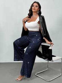 SHEIN Privé Celana Panjang Ukuran Besar, Sederhana, Modis, Kasual, untuk Sehari-hari - Navy Blue - View 3