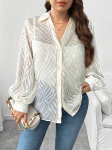 Flirla Plus Size Casual Solid Color Cut-Out Lantern Sleeve Blouse, Autumn Women Shirt - Apricot - View 4