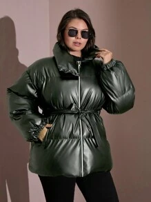 RueChic Plus Size Stand Collar Drop Shoulder Sleeve PU Leather Padded Jacket - Army Green - View 4