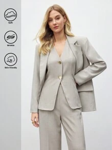 BizChic Women's Vest And Pants Suit Set, Work Commute, New Year Party, Valentine's Date, Spring/Summer - Khaki - View 2