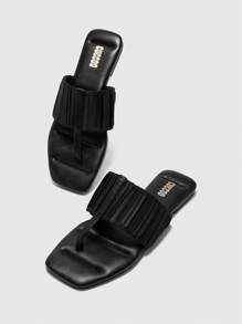 CUCCOO BIZCHIC Women Square Toe Scrunched Slip-On Flat Sandals - Black - View 6