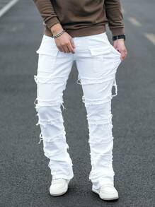 Manfinity LEGND Pantalones casuales de corte de pezuña de ajuste delgado de mezclilla para hombres, minimalistas y de moda para uso diario, salir, fiesta callejera, fiesta, estilo emo - Blanco - Ver 3