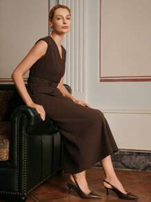 Anewsta Elaire Retro Elegant Elastic Waistband Open Placket Suit Sleeveless Dress Old Money - Brown - View 5