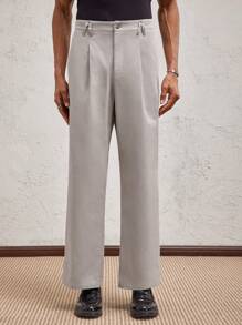 Party Pantalones rectos de tiro medio de uso casual de algodón gris claro con herrajes metálicos, adecuados para el uso diario y los desplazamientos - Gris Claro - Ver 6