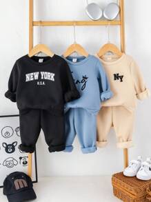 SHEIN Leap Crew 6 件套男婴和女婴休闲字母印花图案连帽衫运动衫 + 宽松裤，6 件套服装适合日常休闲、运动、秋冬 - 卡其色 - 查看 3