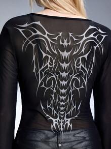 ROMWE Grunge Punk Y2K Sexy Metallic Skeleton Wing Print Women Fitted Waist Sheer Mesh Base Layer T-Shirt - Black - View 6