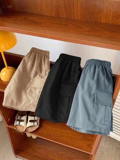 SHEIN 3 件套年轻男孩休闲校园风格舒适时尚实用柔软短裤，带有图形设计和腰部抽绳，适合日常、上学、郊游、运动、春夏季穿着