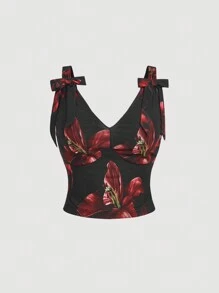 SHEIN MOD تي شيرت شبكي مقصّر بربطة عقدة أسود مزخرف بطباعة زهور جربيرا، مقاس كبير للنساء