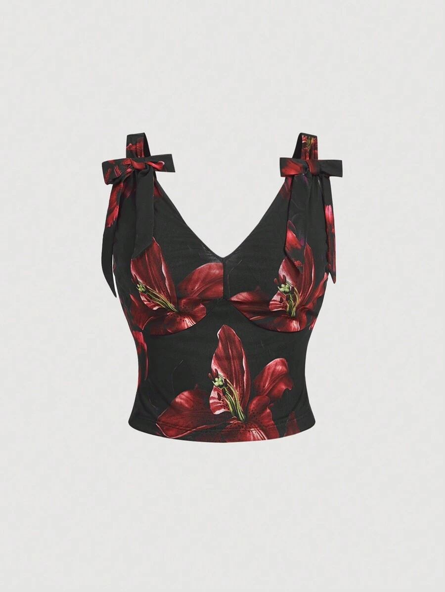 SHEIN MOD تي شيرت شبكي مقصّر بربطة عقدة أسود مزخرف بطباعة زهور جربيرا، مقاس كبير للنساء