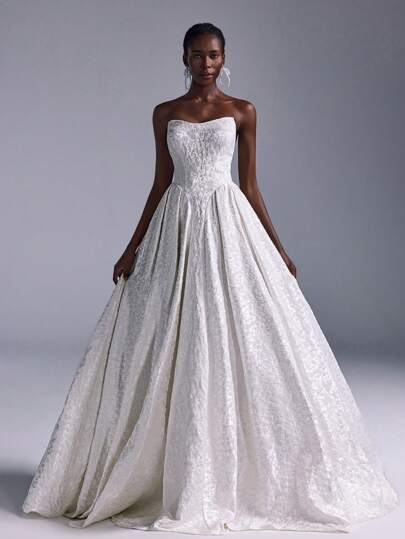 SHEIN Belle Elegant & Luxurious White Jacquard Satin Bustier Prom Dress With Extra-Long Flared Skirt And Back Tie Design, Suitable For Romantic Wedding,Bride