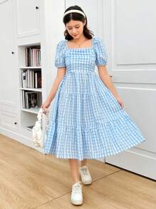 SHEIN 少女蓝色格子泡泡袖中长款可爱甜美连衣裙、学院风连衣裙、度假风连衣裙 - 藍白色 - 查看 5