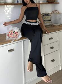 Lace Trim Sweet Women Pajama Set - Black - View 2