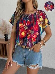 Glamance Warp Atelie Damen Buntes Blusen Set mit Rundausschnitt und kurzen Ärmeln, lässig einfarbig, florale Sommer Outfits für Damen Sommer Tops für Ausgehen