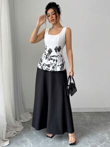 Elenzga 2 件套：印花随机剪裁法式优雅黑玫瑰印花方领无袖 A 字腰修身女式连衣裙 - 黑與白 - 查看 5