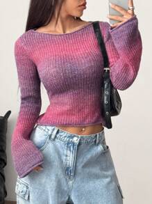 Flirla 女士渐变色圆领长袖修身毛衣 - 紫色 - 查看 1