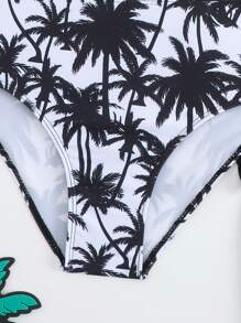 SHEIN Tween Girl Palm Tree Print Casual Bikini Set With Long Sleeve Kimono Cover-Up - Black and White - View 4