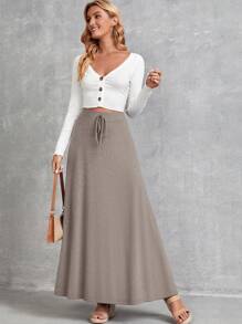 EMERY ROSE Women Solid Color Tie-Waist Long Casual Skirt - Khaki - View 3