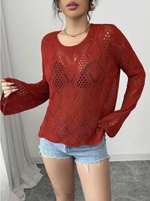 Elenzga Knit Hollow-Out Elegant Simple Long Sleeve Cover Up For Women, Spring/Summer Knit Pullover Fall Winter Sweater - Redwood - View 5