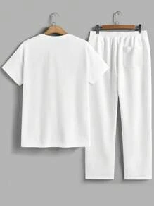 Manfinity VCAY Conjunto casual de 2 piezas para hombre - Camiseta de manga corta con ajuste holgado y pantalón recto de cintura elástica - Blanco - Ver 3