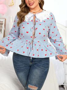 Franclia Blusa de mujer talla grande con cuello de encaje, lazo frontal y volantes con estampado de corazones para el Día de San Valentín