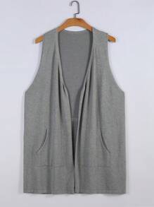 SHEIN LUNE Plus Size Women Solid Color Sleeveless Pocket Casual Simple Knitted Cardigan - Grey - View 1