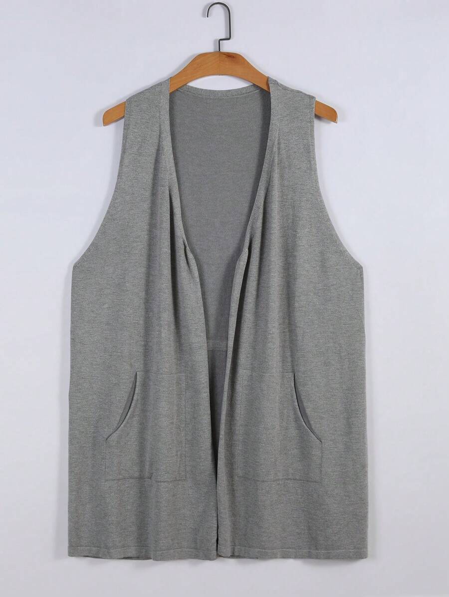 SHEIN LUNE Plus Size Women Solid Color Sleeveless Pocket Casual Simple Knitted Cardigan - Grey - View 1